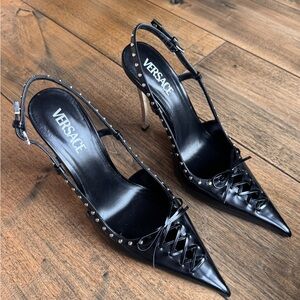 Versace Black Studded Pointed Lace-Up Slingback Heels